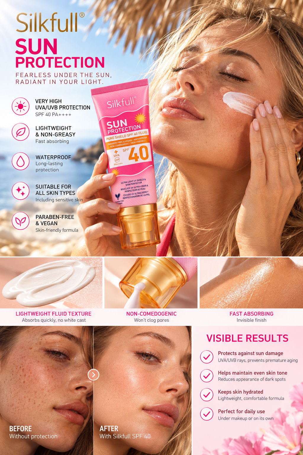Silkfull® Sun Protection Pure Shield SPF 40 Fluid – UVA/UVB Protection & Anti-Aging Daily Sunscreen for All Skin Types